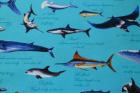 海の生き物 　マリンブルー色　 イルカ　 サメ 　クジラ 　オックス生地　c21-10