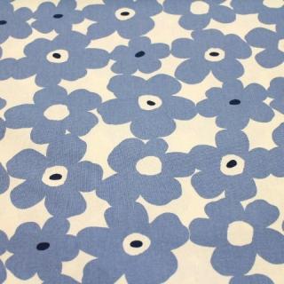 綿麻　マリメッコ調柄 花柄  北欧風 フラワー 白色×グレーみの明るい青色 L22-35