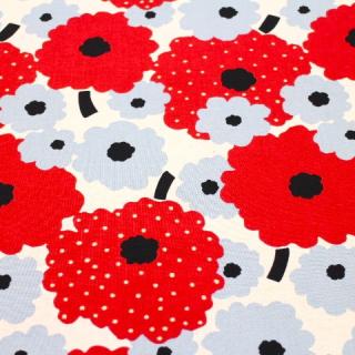 綿麻　マリメッコ調柄 花柄 ドット 水玉  北欧風 フラワー 濃い赤×グレーみの青 L22-36