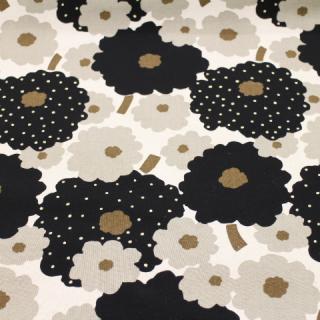 綿麻　マリメッコ調柄 花柄 ドット 水玉  北欧風 フラワー 黒×グレーみのベージュ L22-37