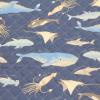 キルティング生地　海の生き物柄  魚 イルカ クジラ 花紺色 Q-238