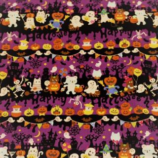 ハロゥイン柄　 ボーダー  くま コウモリ お化け かぼちゃ  黒猫  紫色 C-h-D