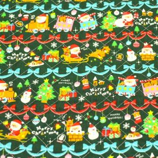 クリスマス　キルティング生地 サンタ ツリー ボーダー 濃い緑色 Q-C