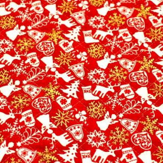 クリスマス　キルティング生地 雪の結晶 ラメ ゴールド 濃い赤色 Q-D