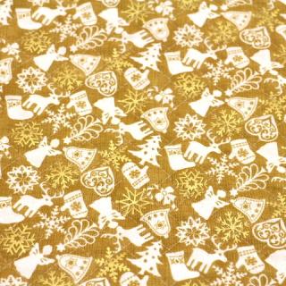 クリスマス　キルティング生地 雪の結晶 ラメ ゴールド からし色 Q-F