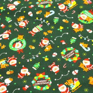 クリスマス柄　サンタ トナカイ プレゼント 濃い緑色 ku-c-AP　シーチング生地