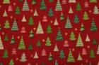 クリスマス柄　 いろいろなツリー　星　ツリー　ゴールドグリッタ　　赤×緑色　　シーチング生地