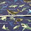 ラミネート生地　海の生き物 魚 海 サメ クジラ 濃い青色 R-341  　つやなし