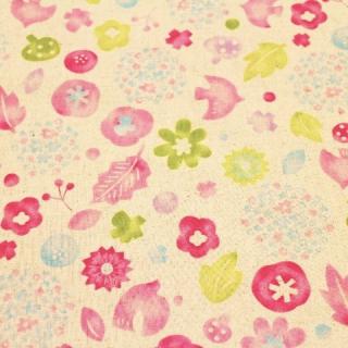 綿麻　花 葉っぱ 花柄 鳥 ピンク系 L22-30　キャンバス布　