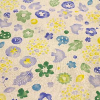 綿麻　花 葉っぱ 花柄 鳥 ブルー系 L22-31　キャンバス布　
